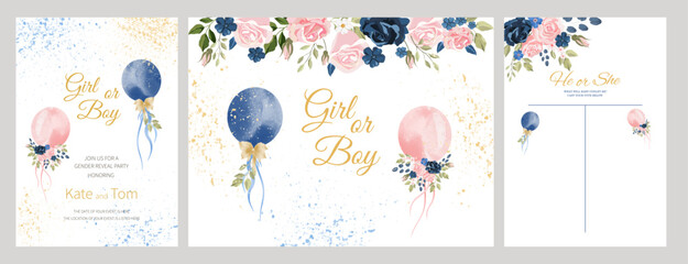 Set of Gender reveal party invitation templates. boy or girl. watercolor pink and blue balloons with flowers and ribbons. Banner and poster, background with balloons on the ribbon. Vector illustration - obrazy, fototapety, plakaty