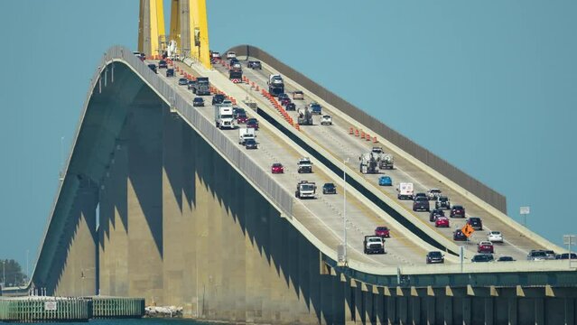 Sunshine Skyway Bridge over Tampa Bay in Florida with moving traffic. Concept of transportation infrastructure