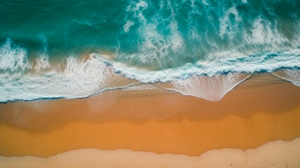 Fototapeta na wymiar Top view aerial image from drone of an stunning beautiful sea landscape beach with turquoise water. Beautiful Sand beach with turquoise water. AI Generated