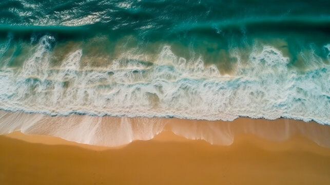 Top view aerial image from drone of an stunning beautiful sea landscape beach with turquoise water. Beautiful Sand beach with turquoise water. AI Generated © benjawan