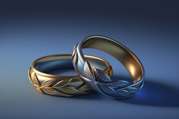 Golden figured wedding rings on blue background, Generative AI