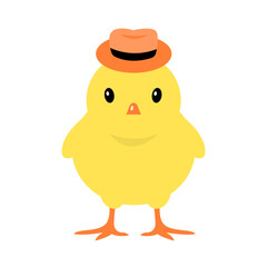Little cute yellow chickhen. Cheerful chick in a hat. Poultry, farming. Domestic bird. Flat vector illustration isolated on white background
