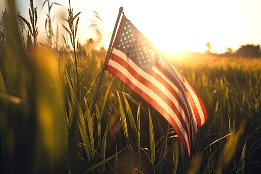 Inspiring American flag in golden light streaming across of wheat field created with Generative AI technology