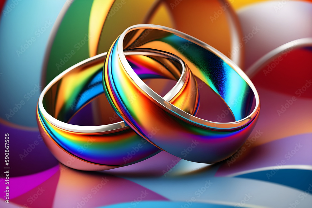 Wall mural golden smooth wedding rings on rainbow background, generative ai - Wall murals