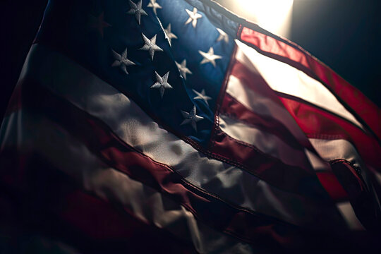 Closeup of American flag in dramatic cinematic lighting created with Generative AI technology