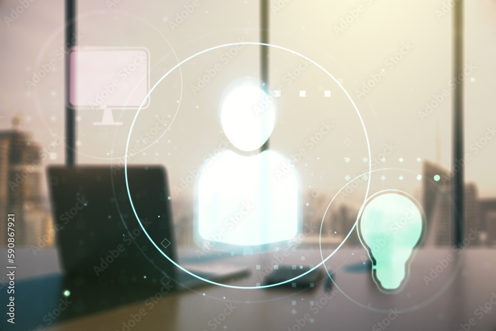 Poster Double exposure of social network icons concept and modern desk with computer on background. Networking concept