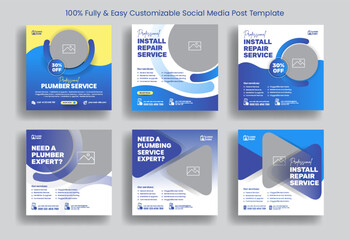 Editable Social media post design set for plumbing service and Renovation, home repair, handyman banner, social media ads or square flyer template design