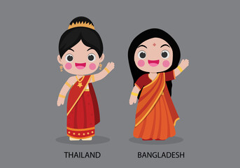 Thailand peopel in national dress. Set of Bangladesh woman dressed in national clothes. Vector flat illustration.