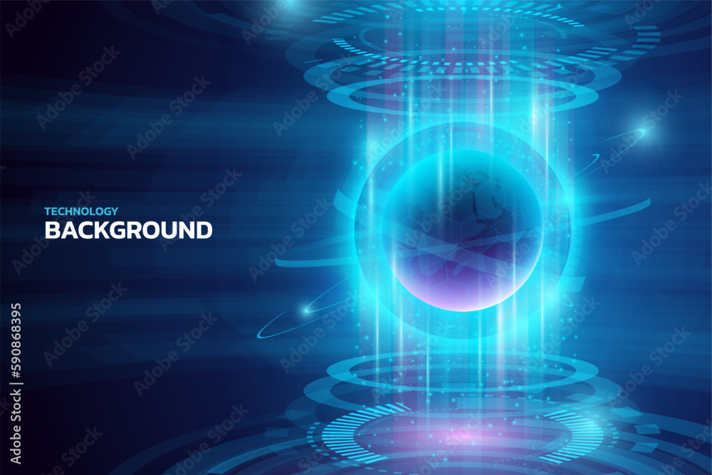 Poster Digital technology background. Science hologram of Earth. Worldwide communication. Circle lines in VR. Future HUD data. Tech map. Glowing world sphere. Vector modern computer interface