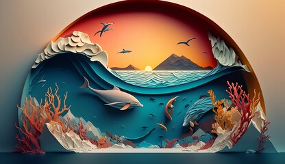 Obraz na płótnie Canvas Abstract background with ocean landscape, wave and sky in paper art and craft design concept. Created using generative AI.