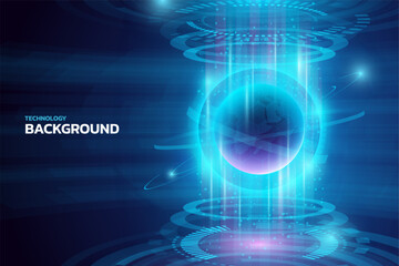 Digital technology background. Science hologram of Earth. Worldwide communication. Circle lines in VR. Future HUD data. Tech map. Glowing world sphere. Vector modern computer interface