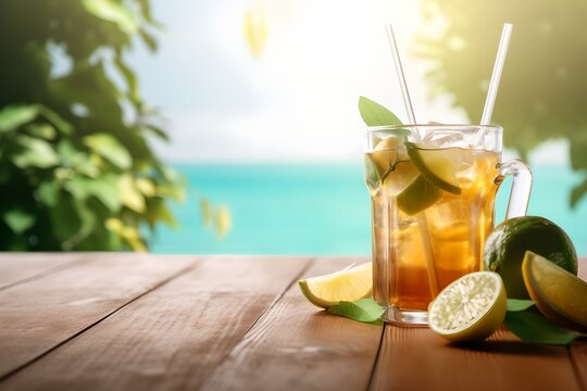Traditional iced tea with lemon and ice in glass, summer cocktail, generative ai image