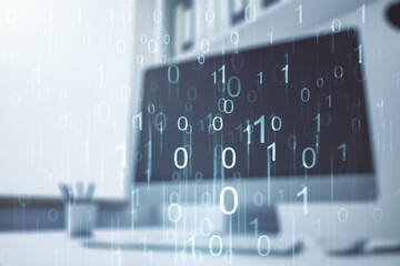 Creative concept of binary code illustration and modern desktop with computer on background. Big data and coding concept. Multiexposure