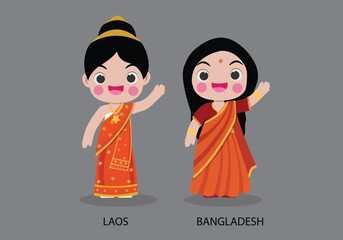 Laos peopel in national dress. Set of Bangladesh woman dressed in national clothes. Vector flat illustration.