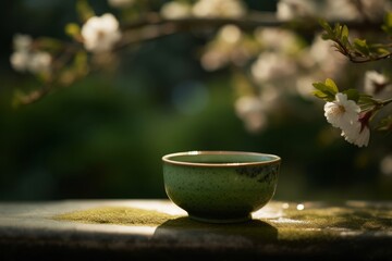 Cup of matcha tea in the garden