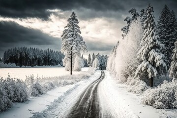 Obraz premium serene winter scene of a snowy road surrounded by trees in a forest. Generative AI