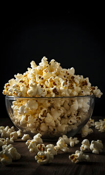 Glass bowl of popcorn on black background side view created with Generative AI technology