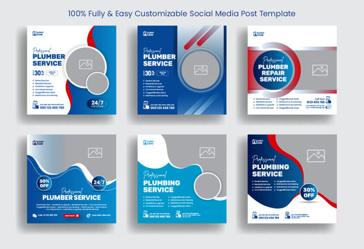 Editable Social Media Ads Or Banner Design Set For Plumbing Service And Renovation, Home Repair, Handyman Website Banner, Social Media Post Or Square Flyer Template Design