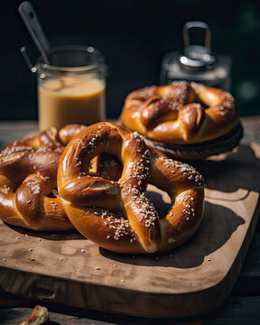 Pile of giant handmade pretzels with salt in rustic setting created with Generative AI technology