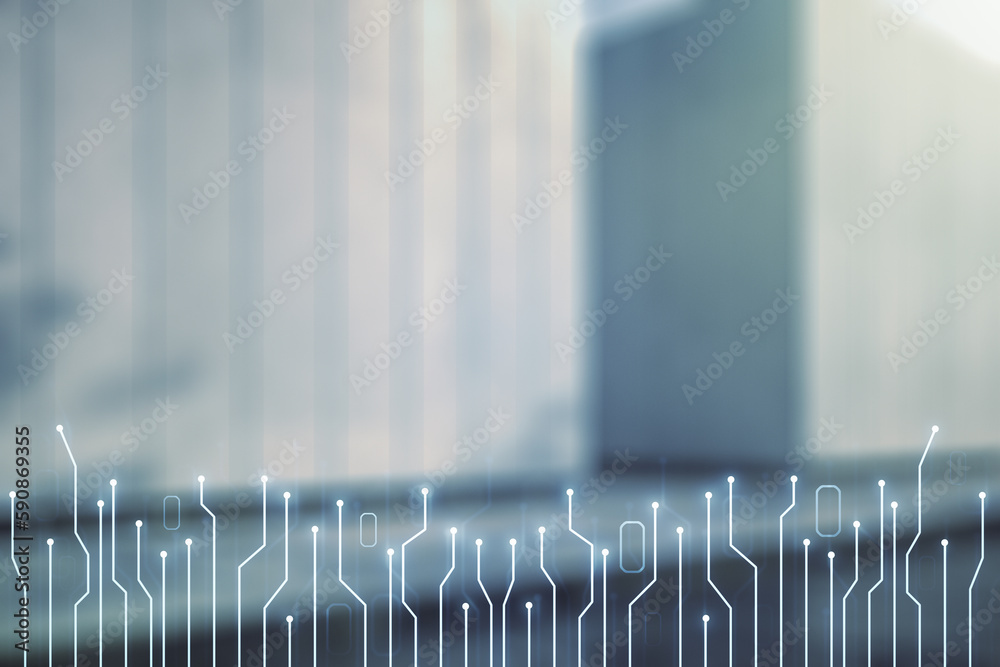 Aufkleber abstract virtual microscheme illustration on blurry modern office building background. big data and 