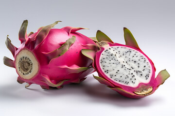 Ripe dragon fruit, pitaya or pitahaya on white background, fruit healthy concept. Tropical fruits, whole and sliced dragon fruit. AI generated