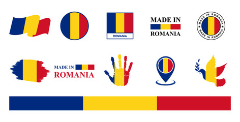 Romania national flags icon set. Labels with Romania flags. Vector illustration - obrazy, fototapety, plakaty