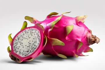Ripe dragon fruit, pitaya or pitahaya on white background, fruit healthy concept. Tropical fruits, whole and sliced dragon fruit. AI generated