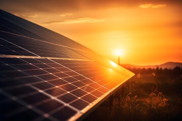 Close-up shot of a solar photovoltaic panel with a beautiful sunset in the background, showcasing the renewable energy concept. Generative Ai.