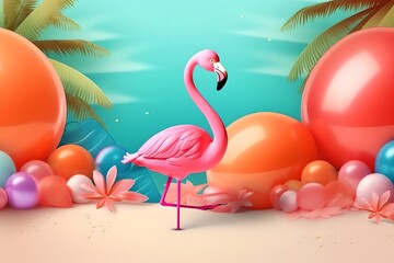 Obraz premium Summer composition with flamingoes, generative ai