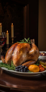 Perfectly baked whole turkey edged with fruits on a set table created with Generative AI technology