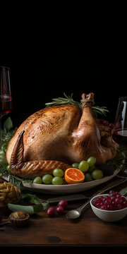 Perfectly baked whole turkey edged with fruits on a set table created with Generative AI technology