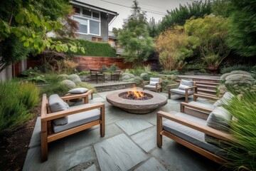 Backyard fire pit seating. Generate Ai - obrazy, fototapety, plakaty