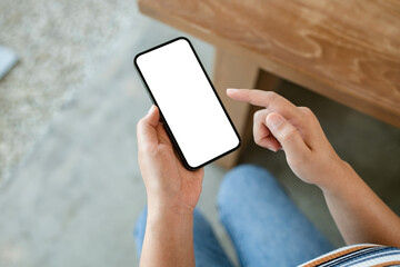 Blank mobile background, Hand holding white screen smart phone..