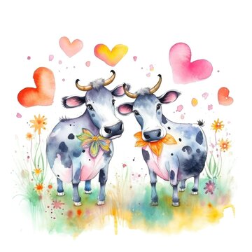 Watercolor painting of a couple of cows in love in nature with hearts kids style Generative AI Illustration