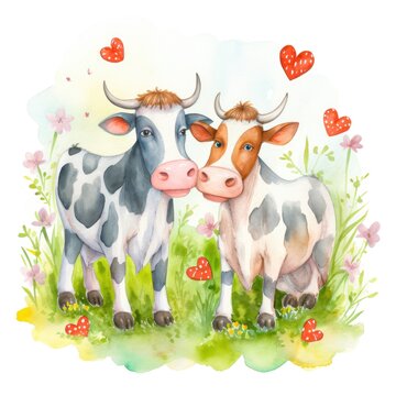 Watercolor painting of a couple of cows in love in nature kids style Generative AI Illustration