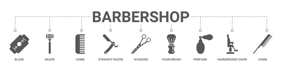 Barbershop tools. Barber beauty male salon. Haircut icons. Hair accessories. Shampoo bottle. Hairdressers chair. Scissors and shaving razor. Fashion hairstyle. Vector illustration symbols