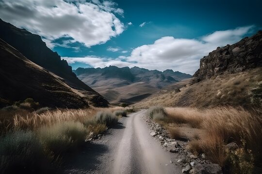 Rugged mountains in the distance and winding road leading up to them. Anticipation and excitement. The bright blue sky and fluffy clouds. Exploration. Generative Ai.