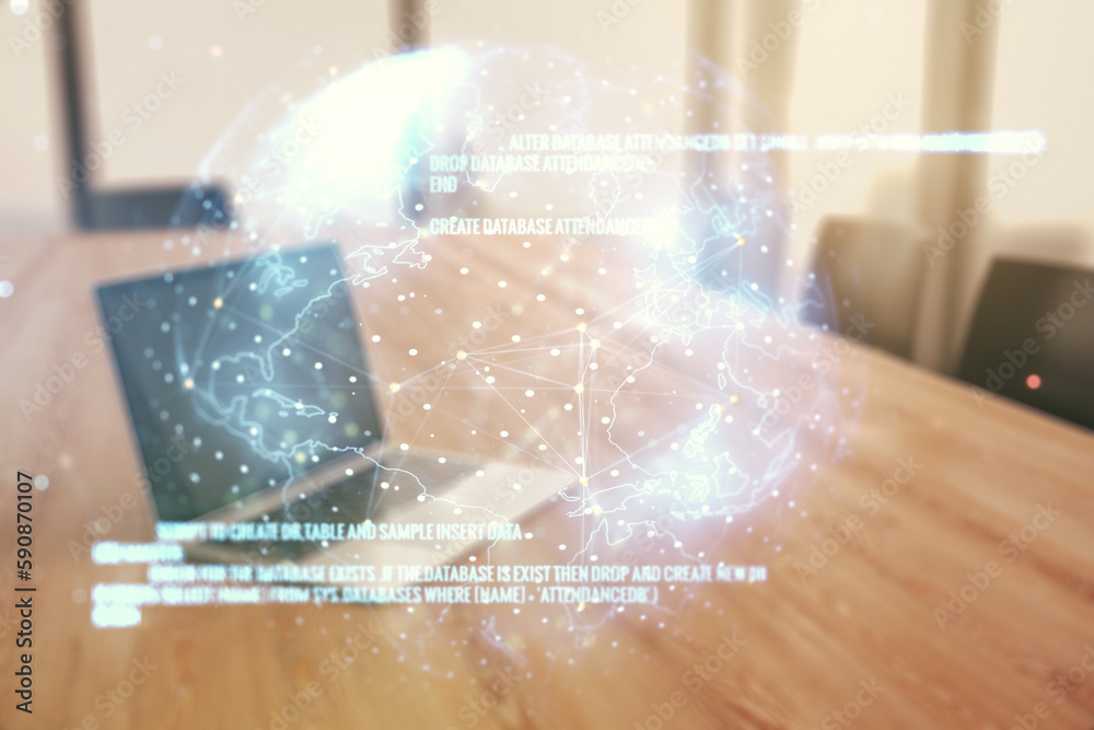 Poster double exposure of abstract creative programming illustration with world map on computer background,