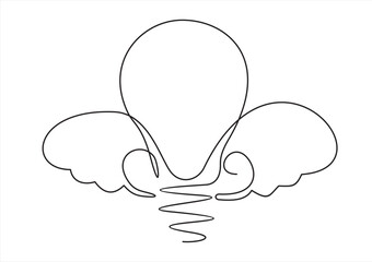 Single continuous line drawing flying light bulb with wings. Imagination, inspiration, fantasy icon. Knowhow sign. New business idea. Invention logo. One line draw graphic design vector illustration