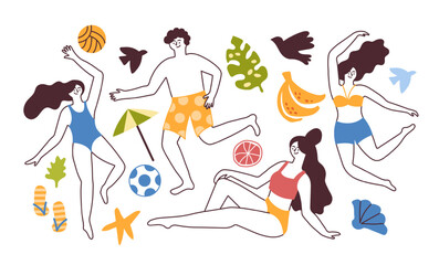 Funny travel persons, beach activity. Diversity sunbathing, doodle hand drawn summer family, happy sun characters. Man and woman playing with ball. Girl in bikini, vector people illustration