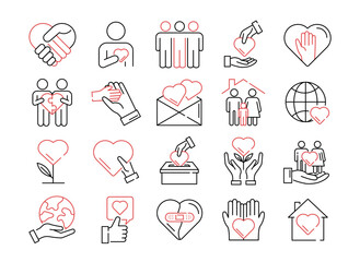 Value of dignity. Human heart icon. Culture collaboration. Community diversity. Freedom and love expression. Gender orientation. Care of planet. Line pictograms. Vector symbols set