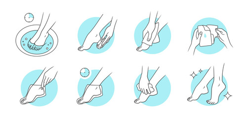 Bath foot care. Beauty body pedicure with spa cosmetic. Peeling mask icons. Woman touching to toes and heels. Girl applying moisturizing cream to clean legs. Vector sketch symbols set