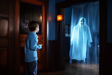 Fototapeta na wymiar Scared boy about ghost. Generate Ai