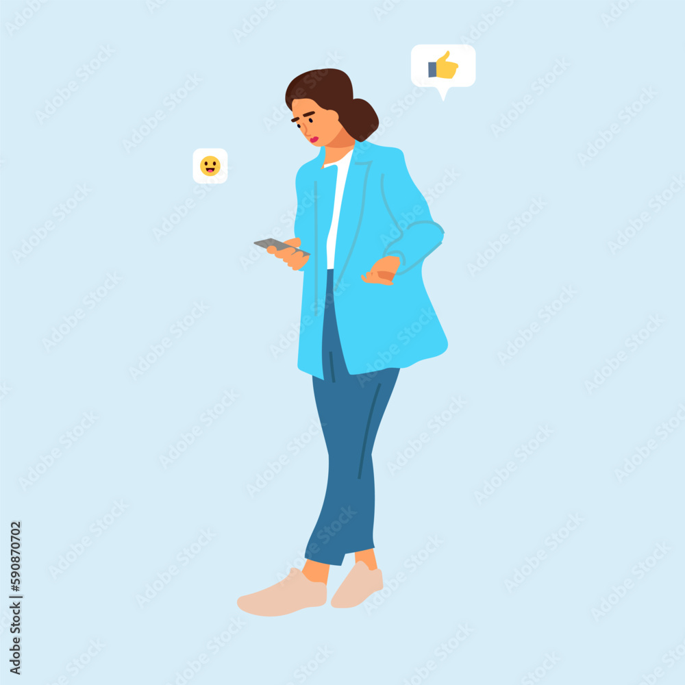 Aufkleber people using phone. female character with smartphone. web messenger. network conversation. lady hold