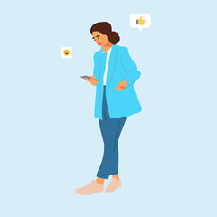 People using phone. Female character with smartphone. Web messenger. Network conversation. Lady holding mobile device. Internet communication. Smiley icon. Vector woman chatting online