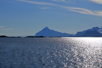 Landscape in summer at the Lofoten in Norway in backlight