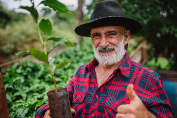 Portrait of Brazilian farmer man in the casual shirt in the farm analyzing coffee seedlings.