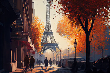 Cozy street of Paris with a view of the Eiffel Tower. AI generated