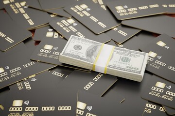 lots of black credit cards and a wad of cash dollars. 3D render