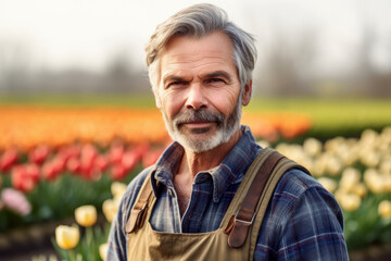 Farmer standing in front of a tulip field  - obrazy, fototapety, plakaty